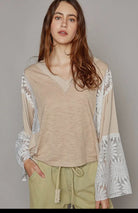 POL Beige Lace Detail V-Neck Flare Sleeve Blouse