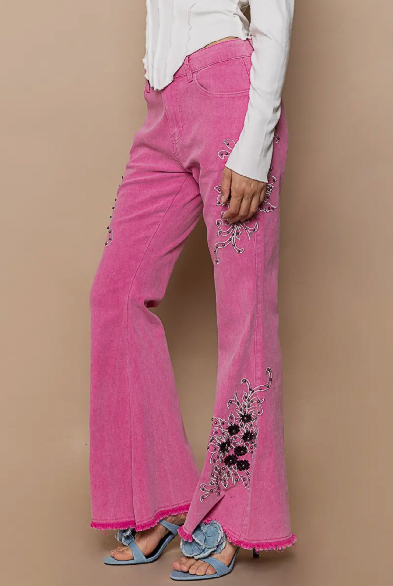 POL Hot Pink Raw Hem Contrast Embroidered Stretchable Twill Flare Pants Jeans