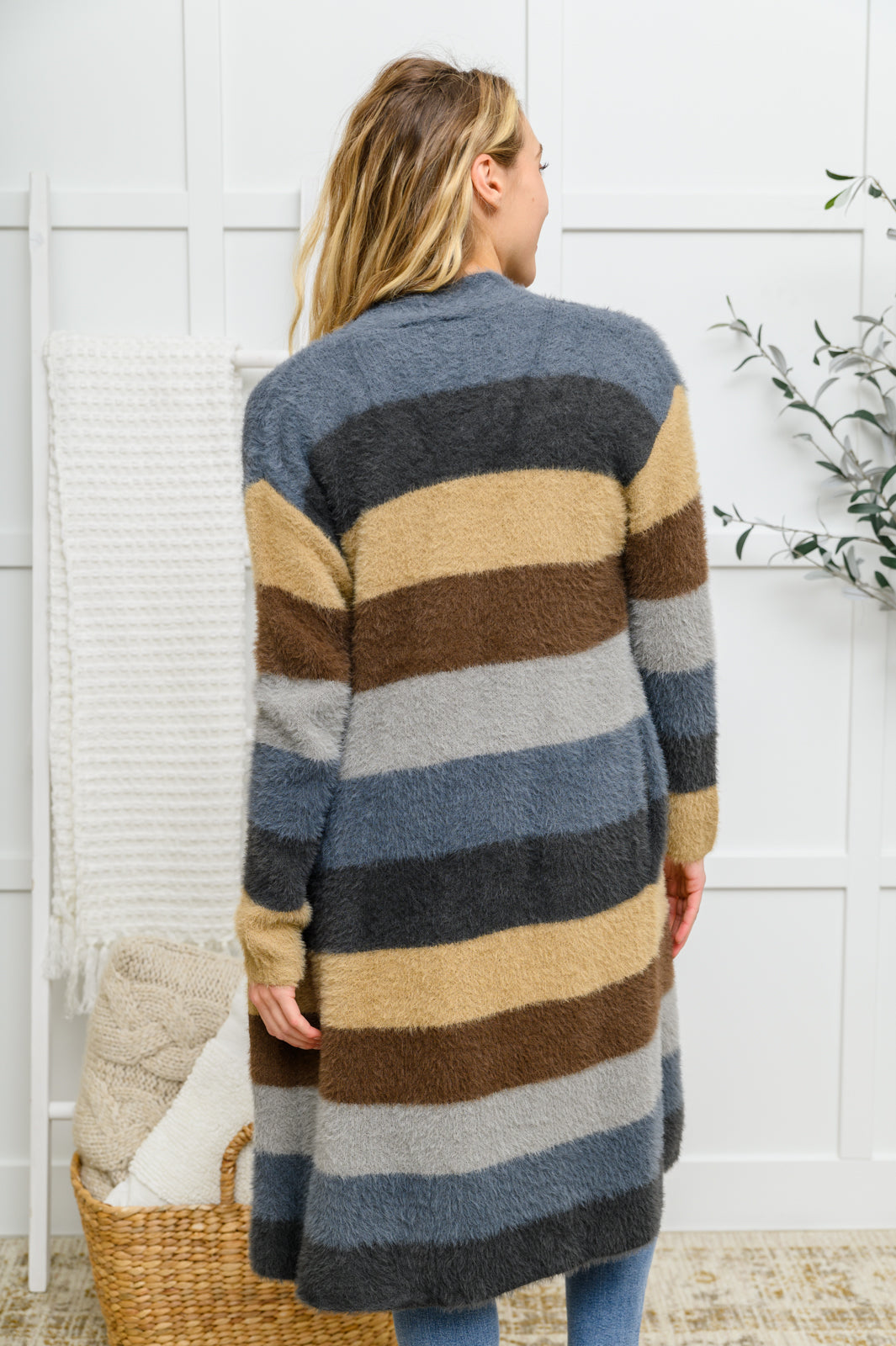 Davi & Dani XS & S Fuzzy Longline Cardigan In Blue & Cocoa Ave Shops