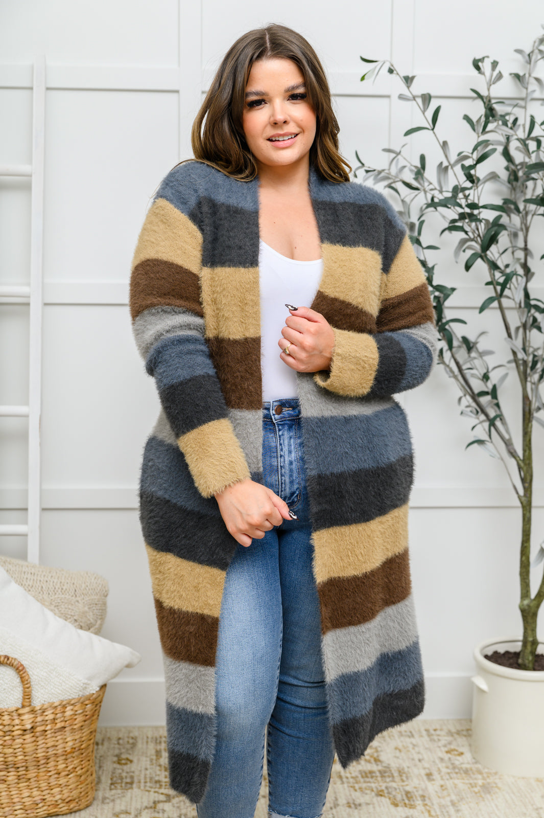 Davi & Dani XS & S Fuzzy Longline Cardigan In Blue & Cocoa Ave Shops