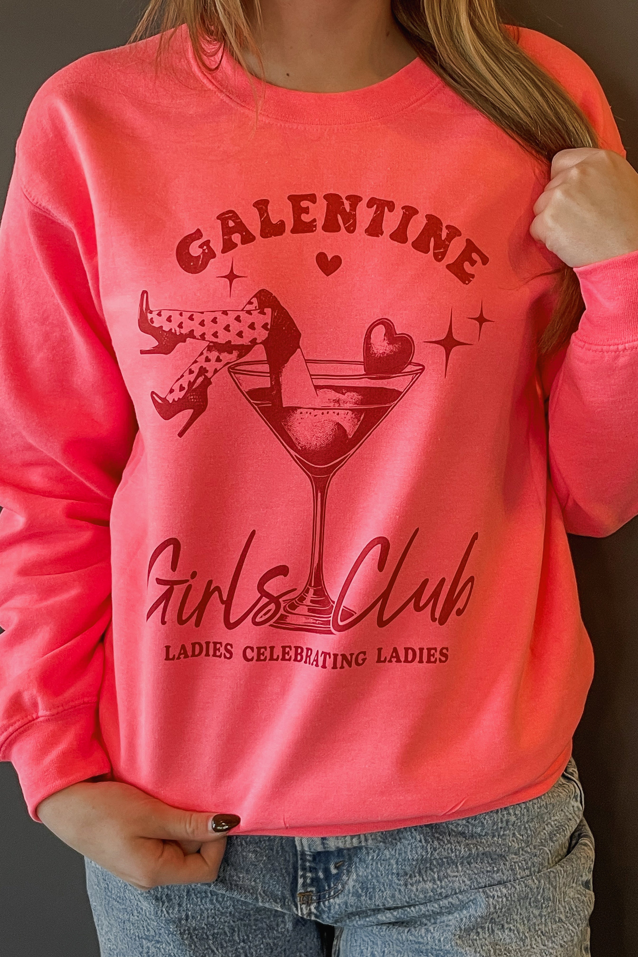 Neon Pink Galentine Girl Club Graphic Sweatshirt clothing