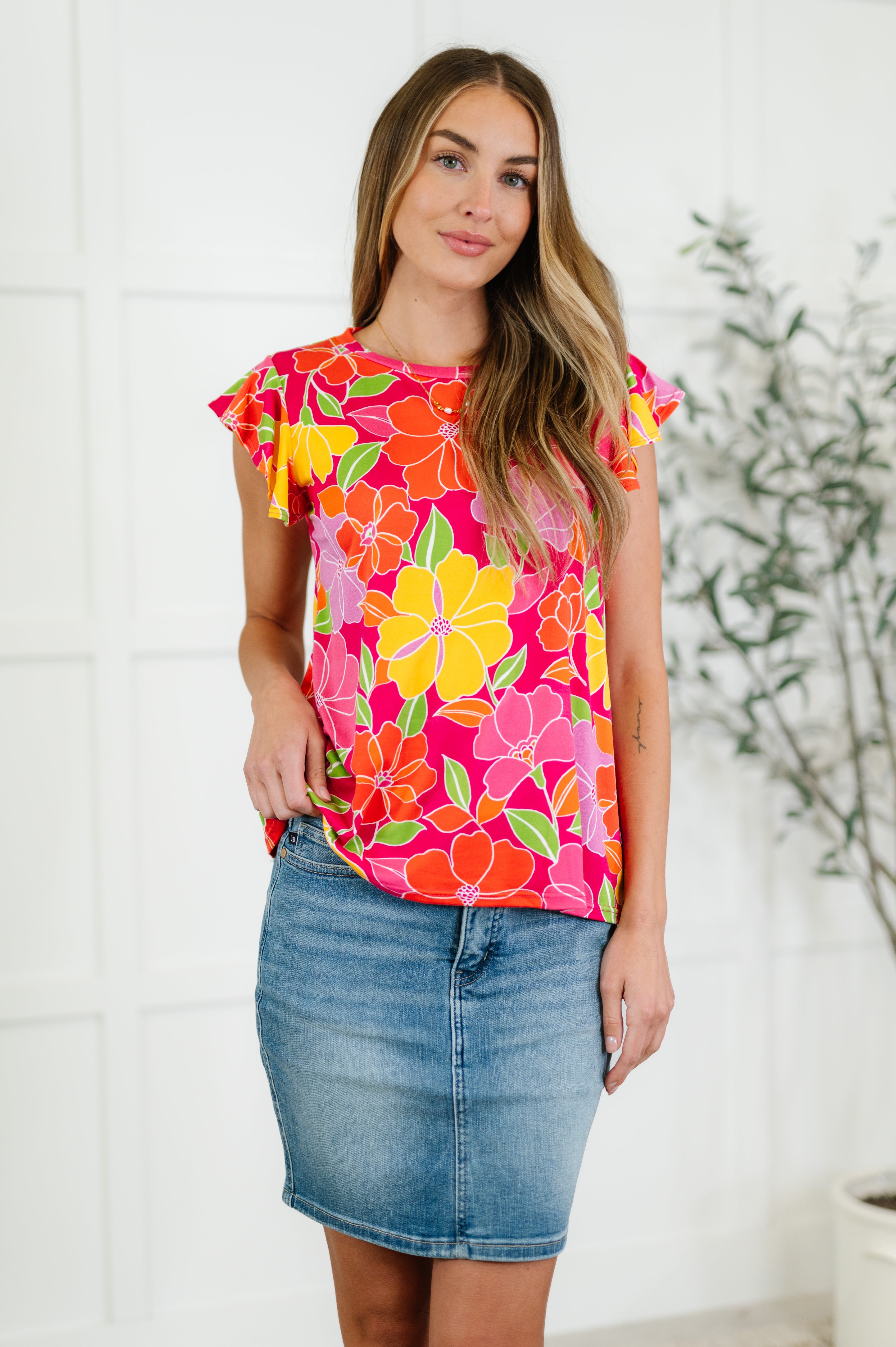 Haptics Garden Giggles Floral Flutter Sleeve Top Womens
