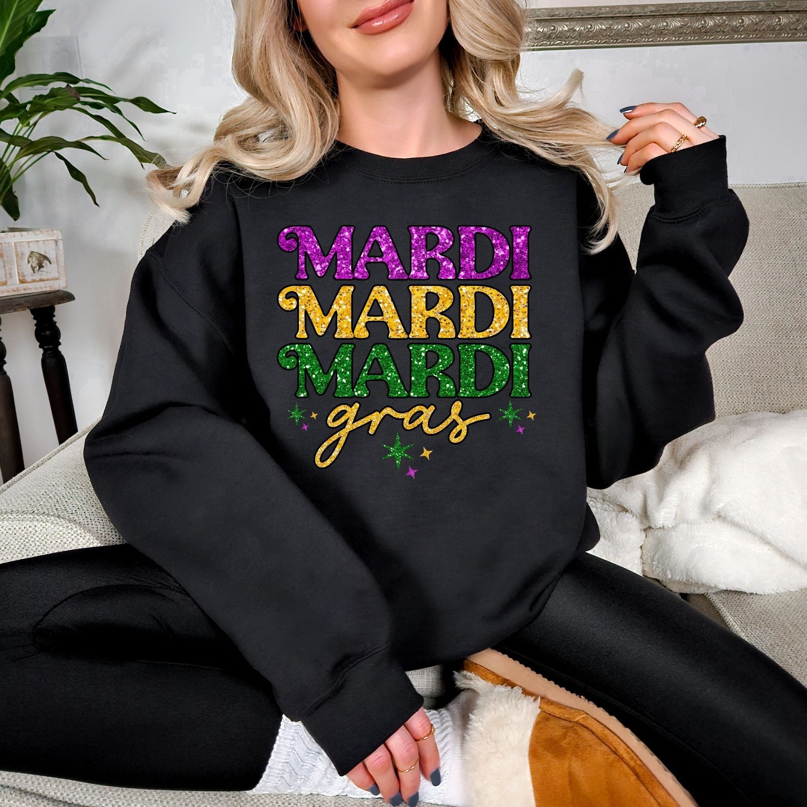 Mardi Gras Glitter Graphic Sweatshirt Womens