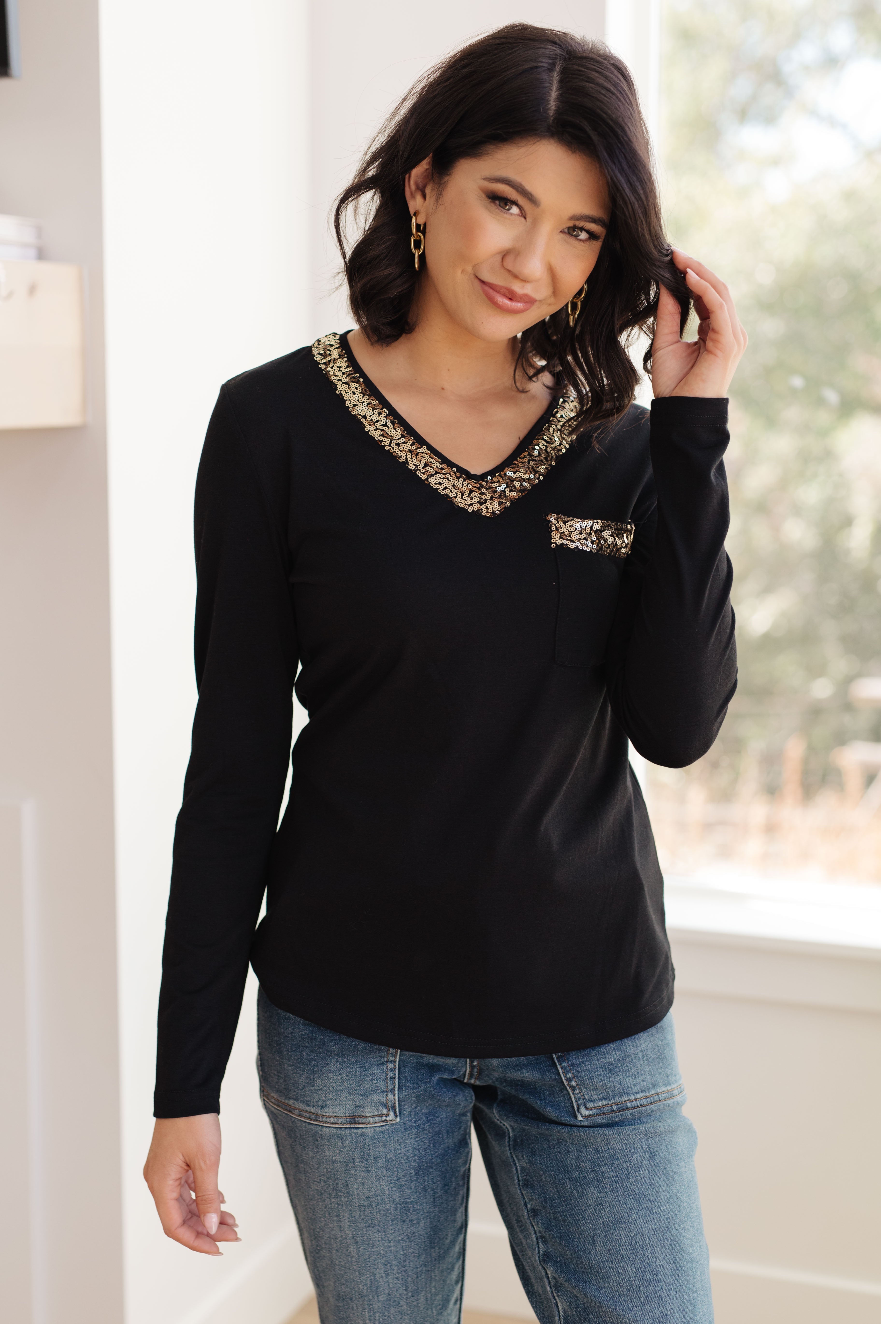 One Eleven North Glitter Lining Long Sleeve V-Neck Top Shirts & Tops