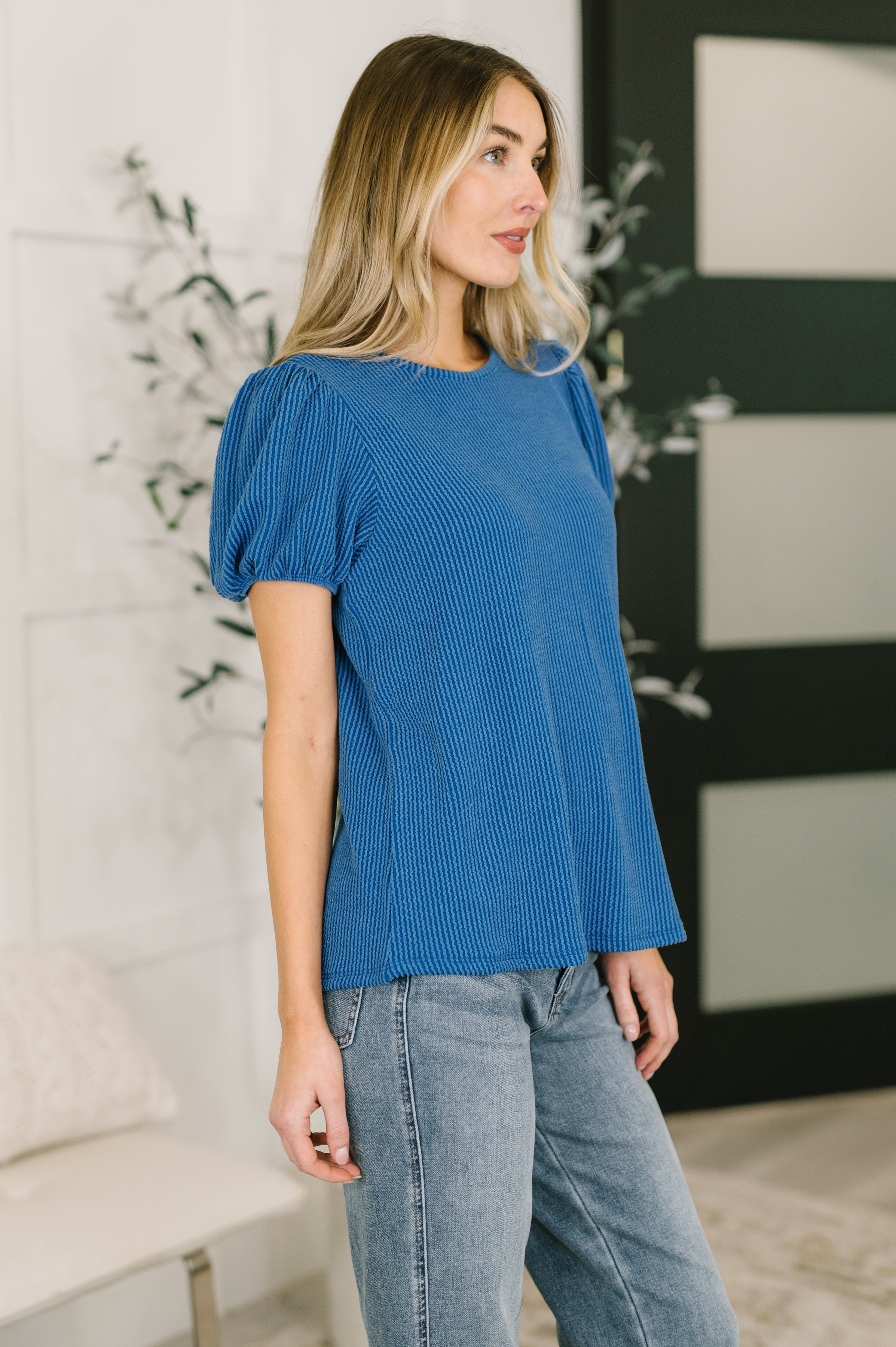 Zenana Grace & Virtue Balloon Sleeve Blouse in Ocean Blue Womens