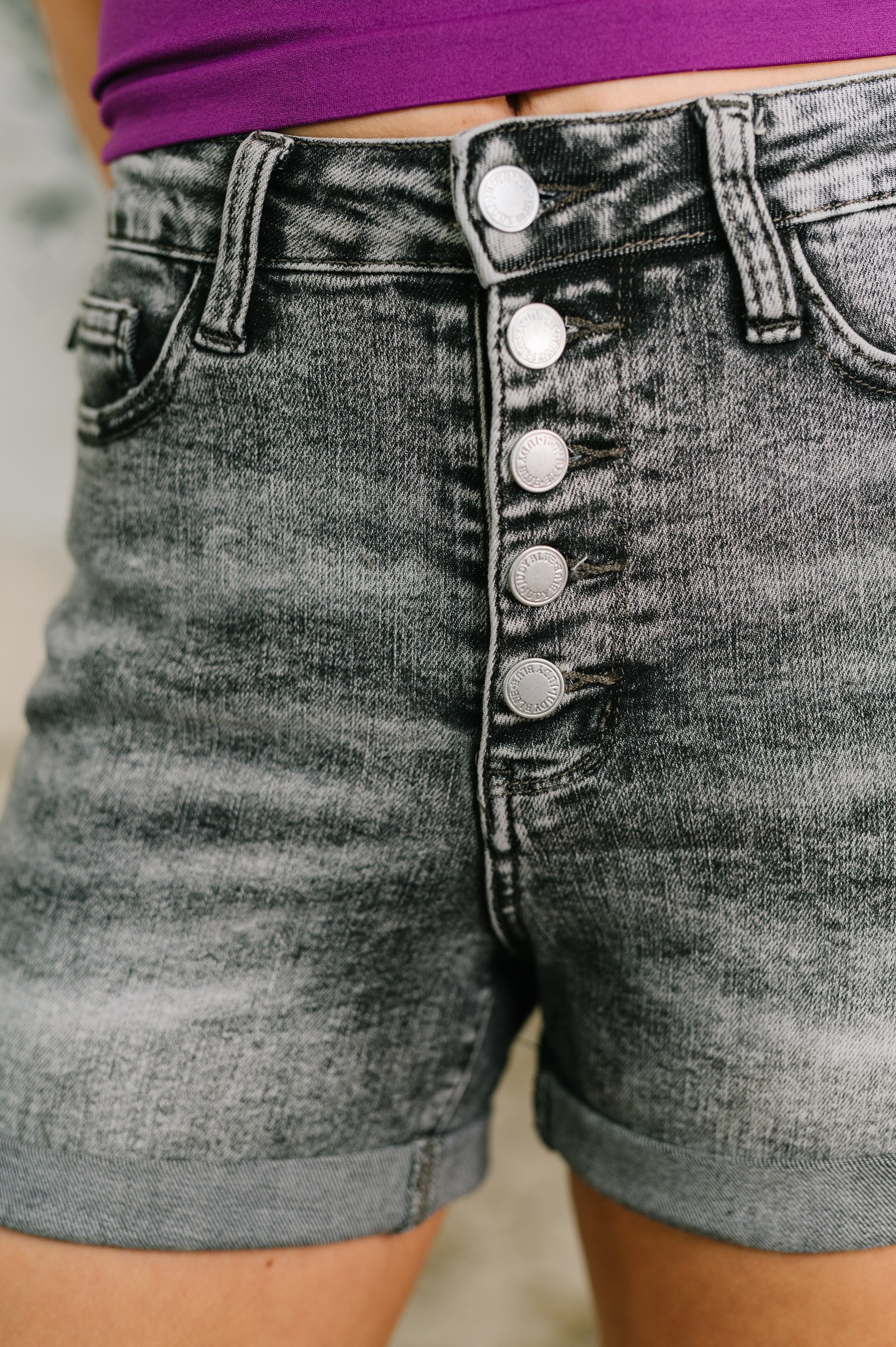 Greyson High Rise Button Fly Cuffed Shorts in Grey Denim