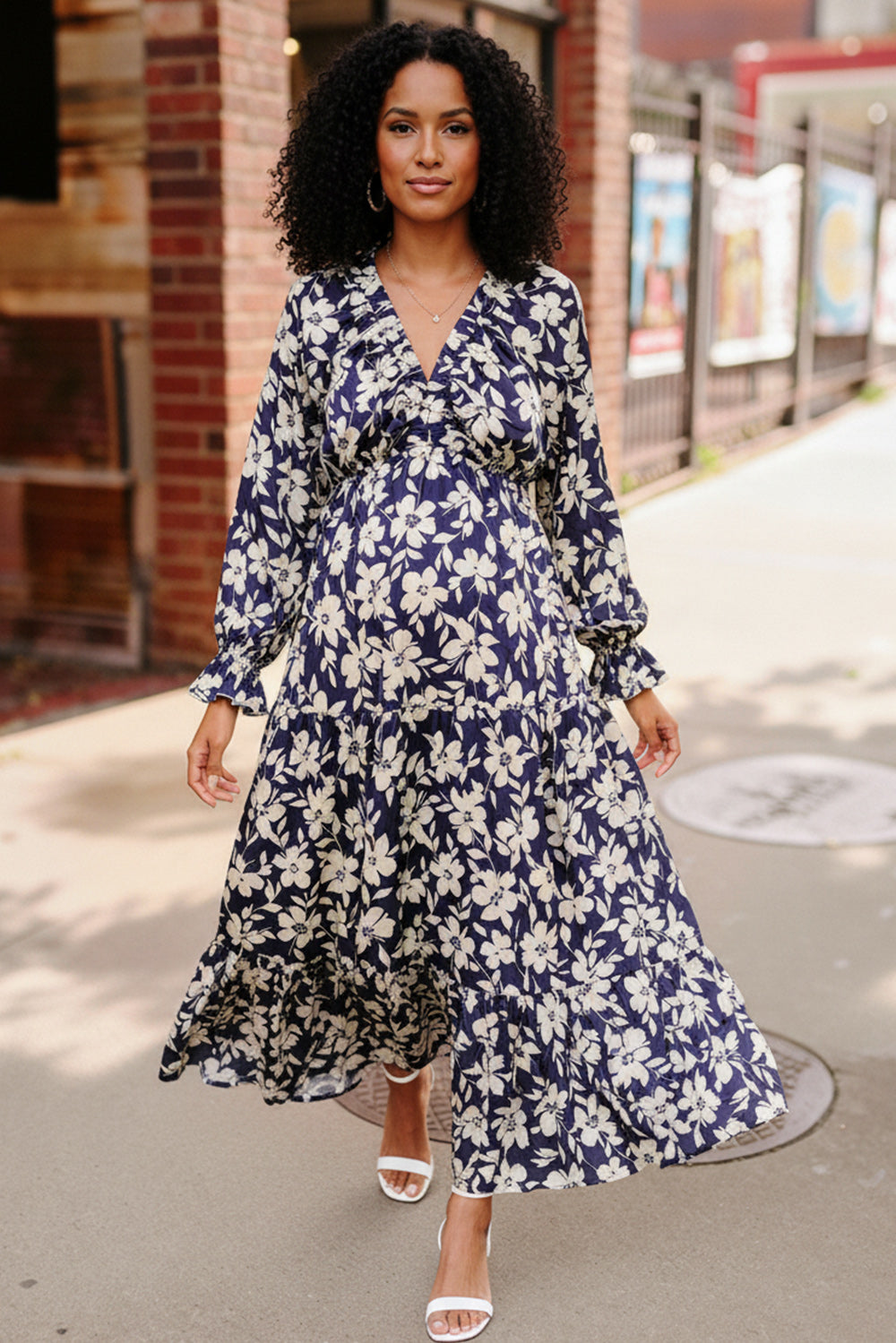 Haptics Navy Satin Floral Tiered Babydoll Maxi Dress