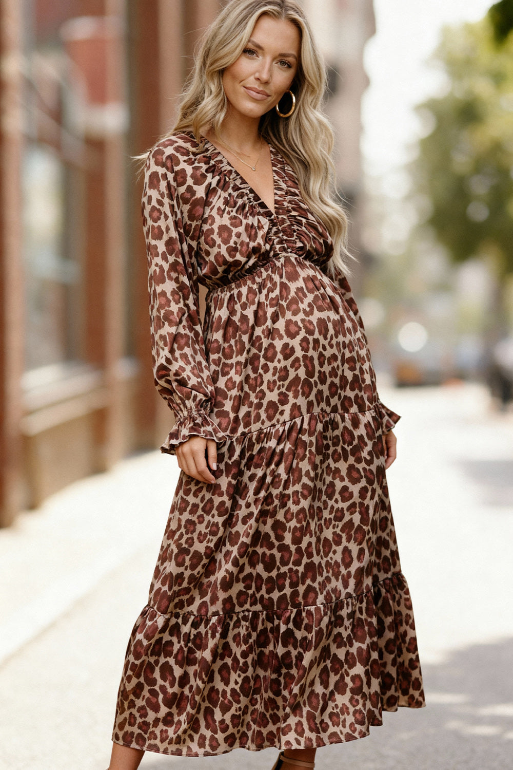 Haptics Taupe/Rust Satin Leopard Tiered Maxi Dress
