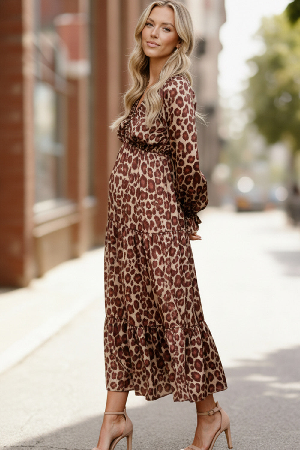 Haptics Taupe/Rust Satin Leopard Tiered Maxi Dress