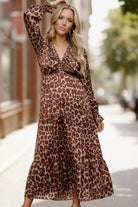 Haptics Taupe/Rust Satin Leopard Tiered Maxi Dress