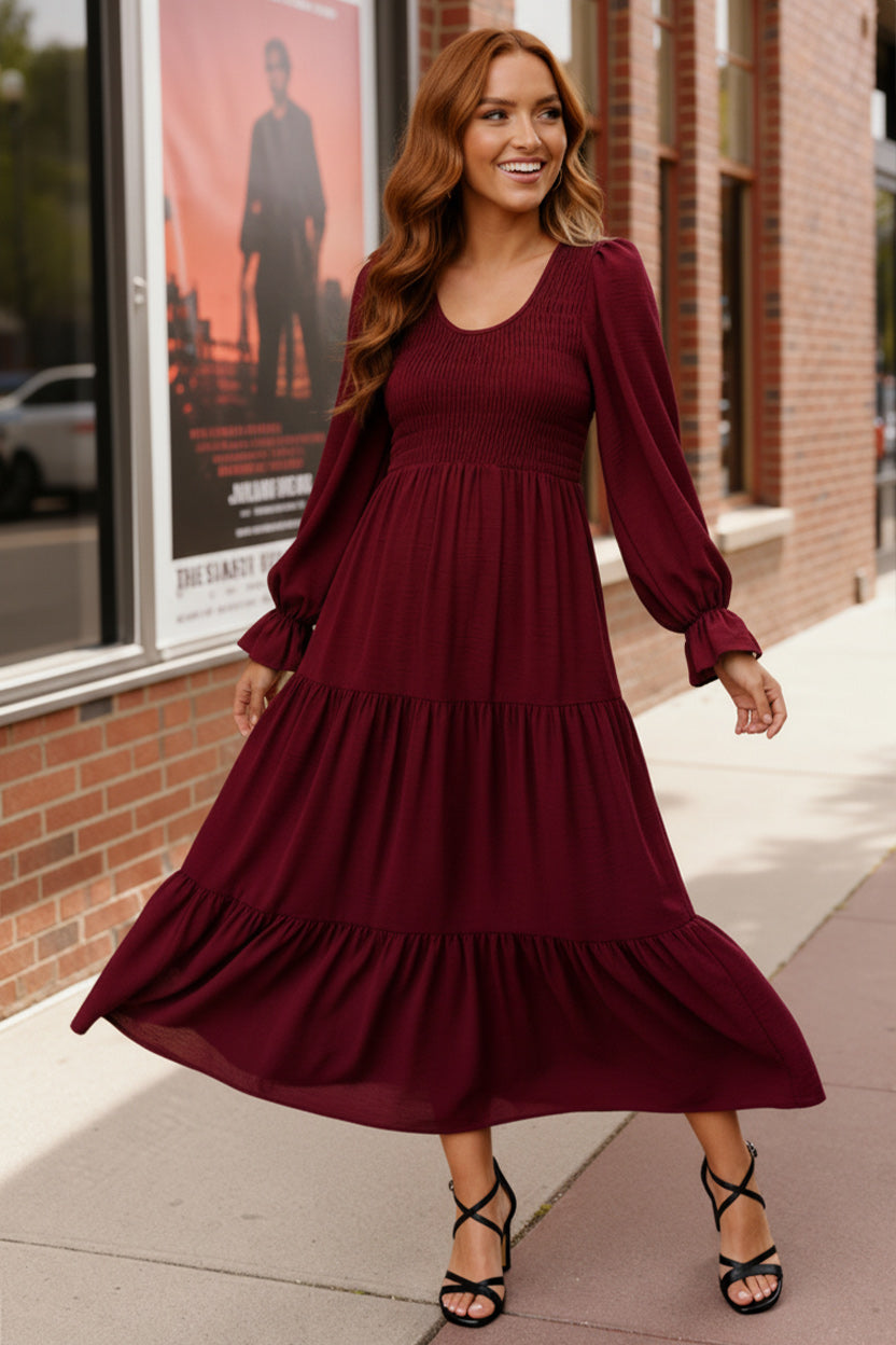 Haptics Burgundy Long Sleeve Tiered Maxi Dress