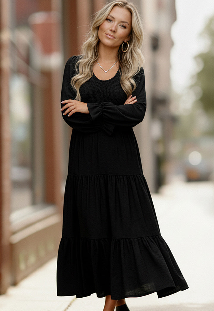 Haptics Black Long Sleeve Smocked Tiered Maxi Dress