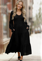 Haptics Black Long Sleeve Smocked Tiered Maxi Dress