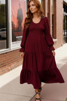 Haptics Burgundy Long Sleeve Tiered Maxi Dress