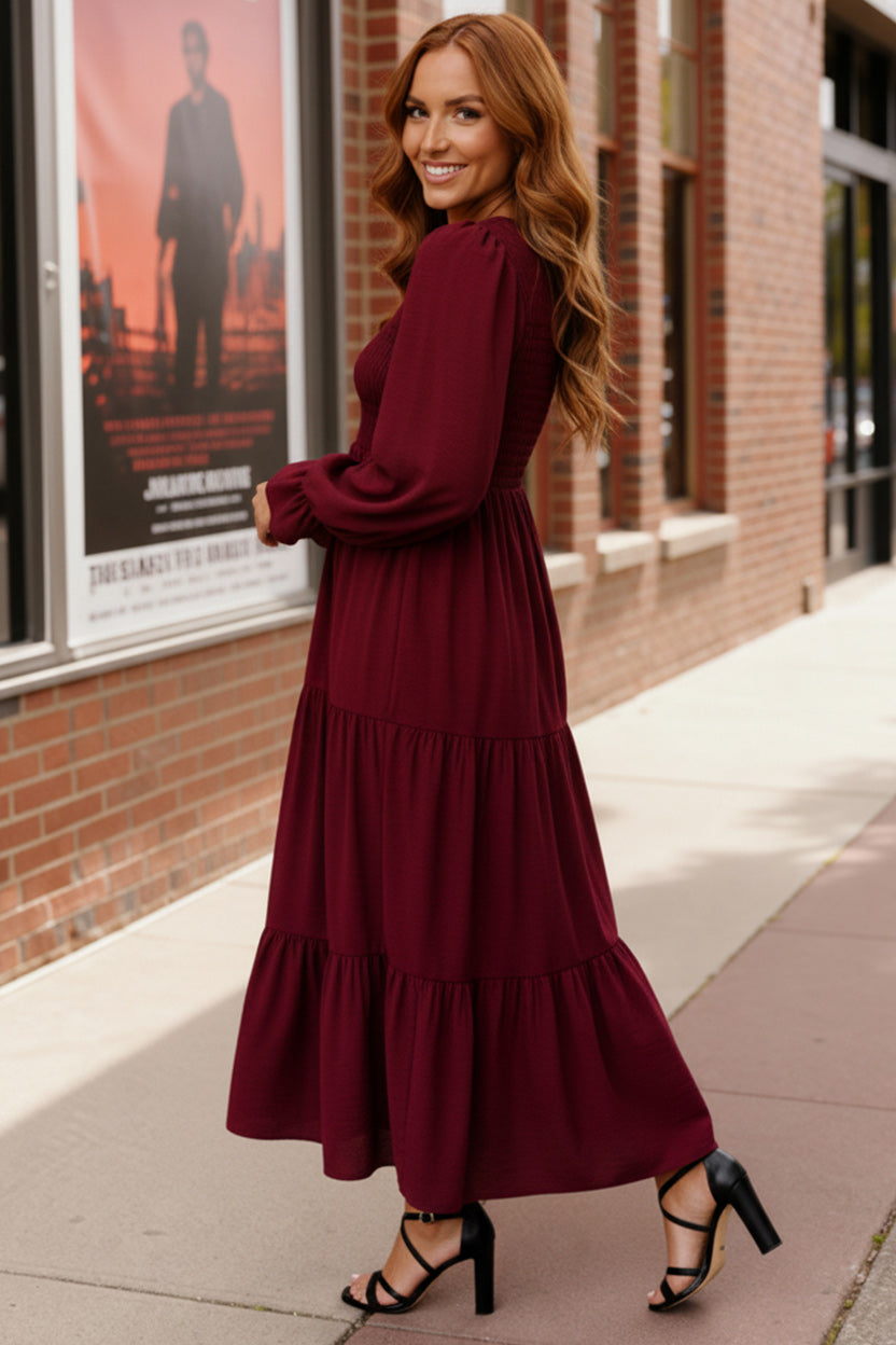 Haptics Burgundy Long Sleeve Tiered Maxi Dress
