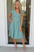 Haptics V Neck Pleated Sweet Sage Dream Smocked Waist Midi Dress