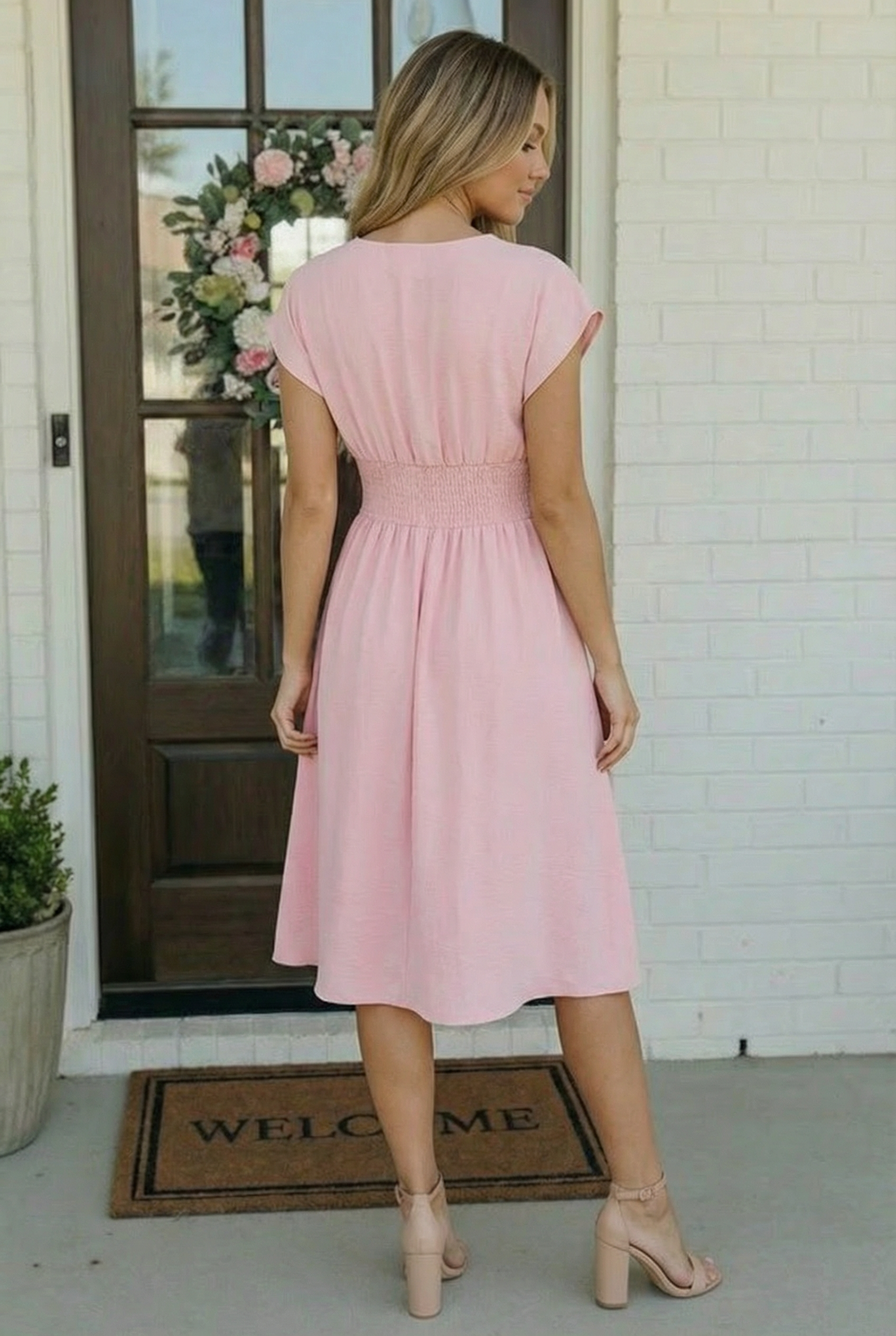 Haptics Pretty in Pink Flutter Sleeve Midi Dress