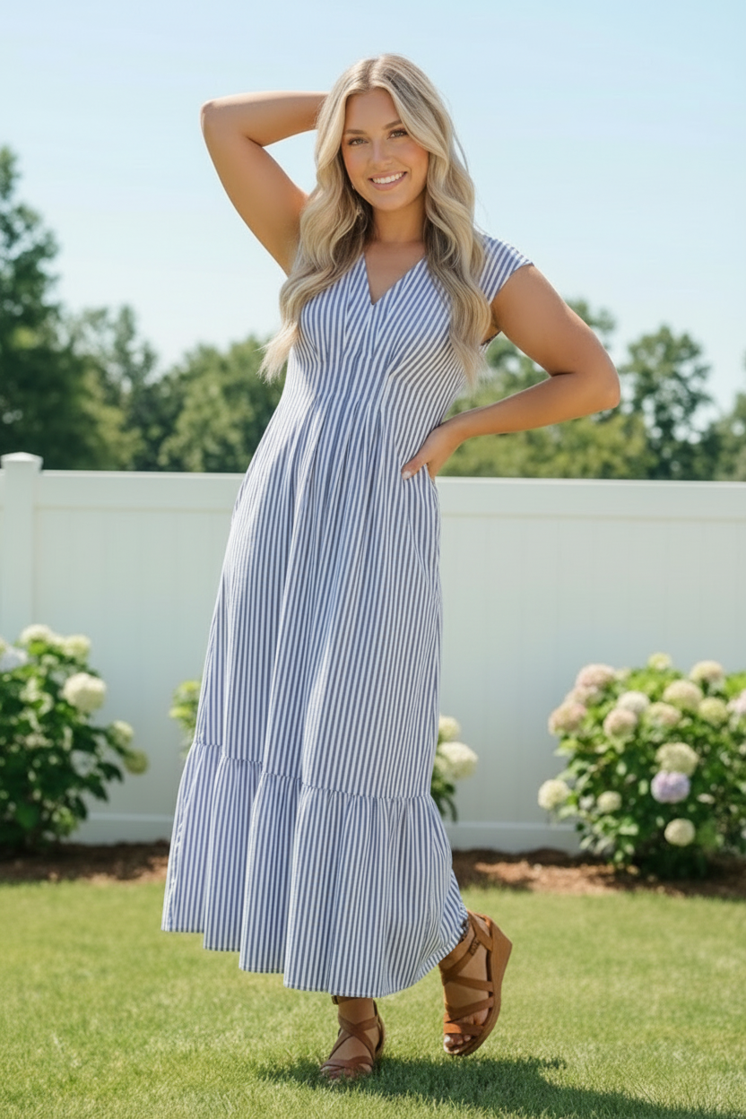Haptics Sunny Days Striped Pleated Back Smocked Waist Stripe Woven Maxi Dress