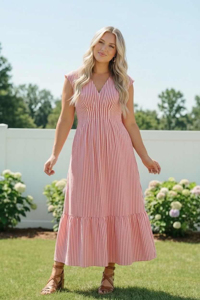 Haptics Sunny Days Striped Pleated Back Smocked Waist Stripe Woven Maxi Dress in Red