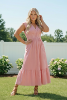 Haptics Sunny Days Striped Pleated Back Smocked Waist Stripe Woven Maxi Dress in Red