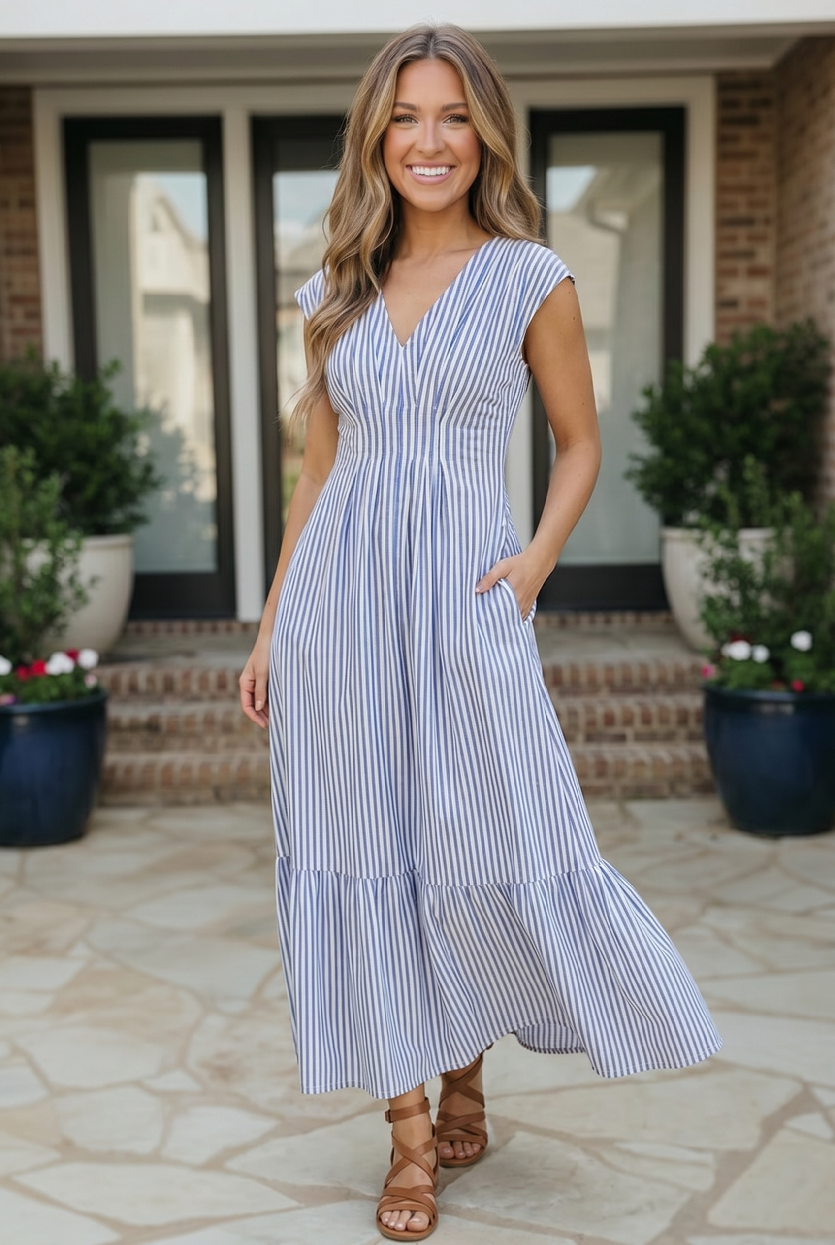 Haptics Sunny Days Striped Pleated Back Smocked Waist Stripe Woven Maxi Dress