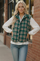 Haptics Green Snap Button Down Plaid Quilted Puffer Vest