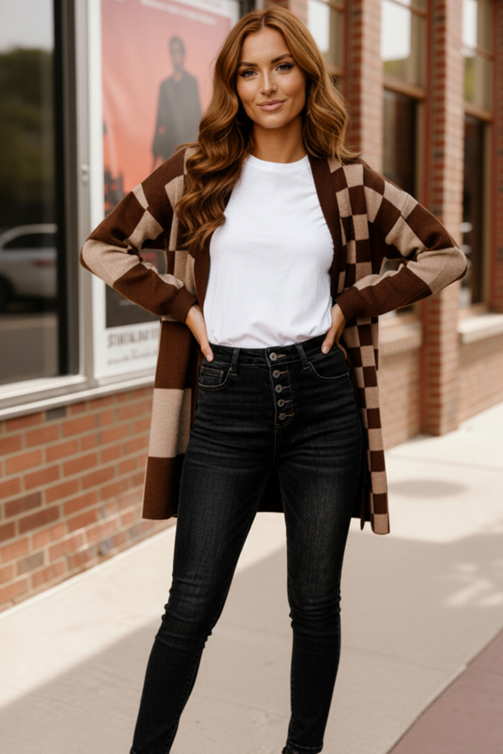 Haptics Brown & Taupe Checkerboard Color Block Cardigan Sweater