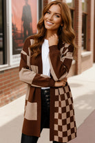 Haptics Brown & Taupe Checkerboard Color Block Cardigan Sweater