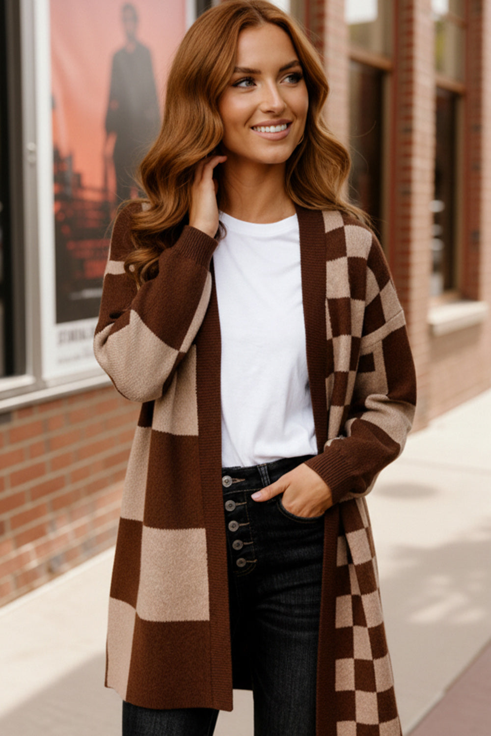 Haptics Brown & Taupe Checkerboard Color Block Cardigan Sweater