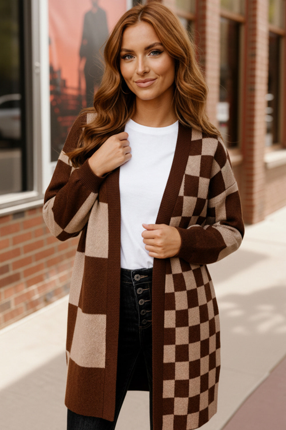 Haptics Brown & Taupe Checkerboard Color Block Cardigan Sweater