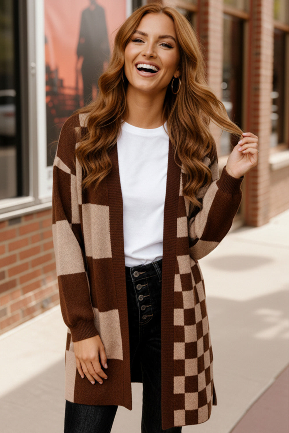 Haptics Brown & Taupe Checkerboard Color Block Cardigan Sweater