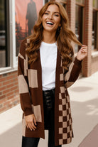 Haptics Brown & Taupe Checkerboard Color Block Cardigan Sweater