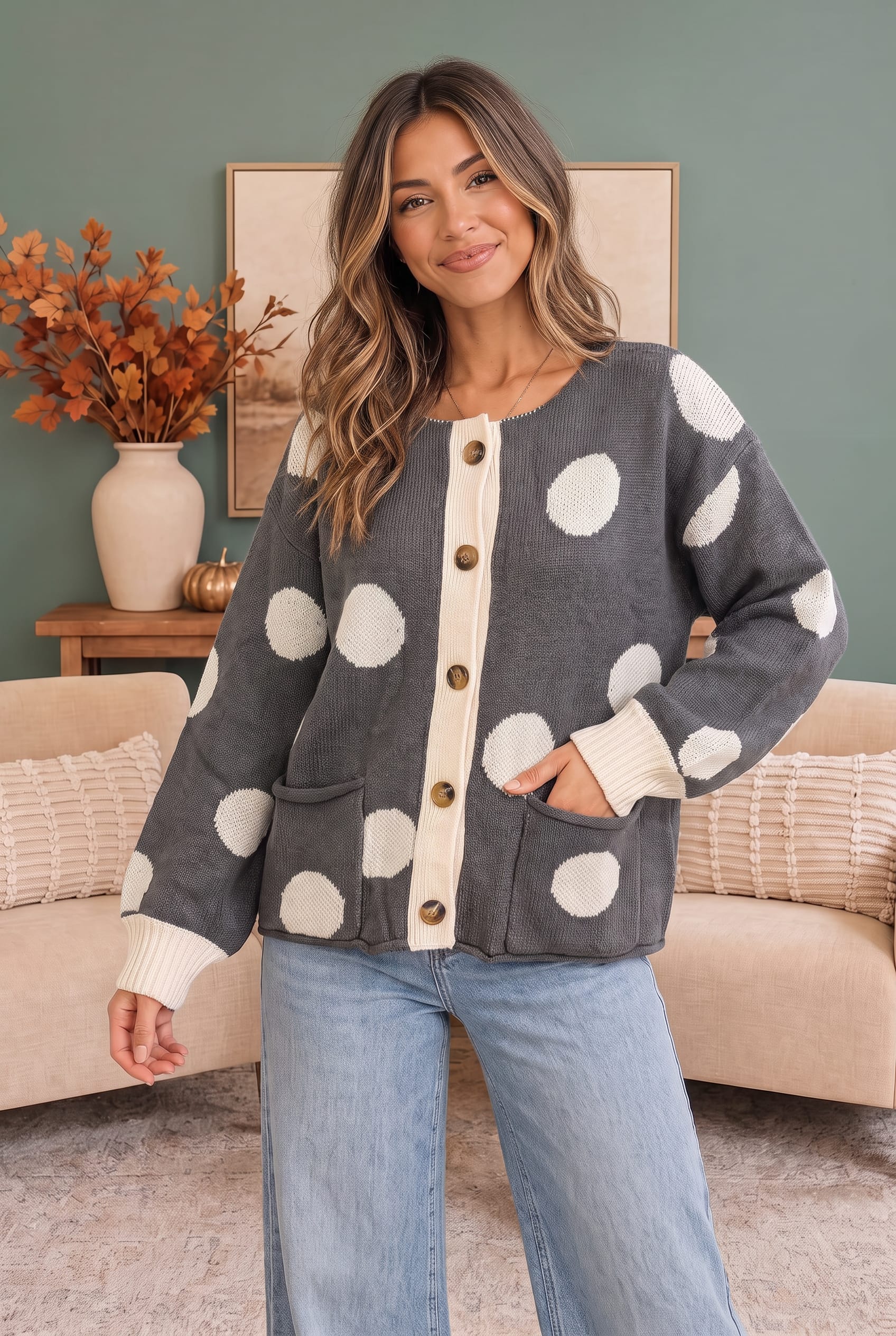 Haptics Dotty For You Charcoal Polka Dot Knit Cardigan