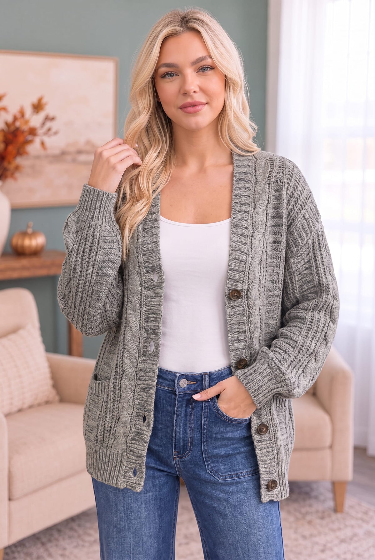 Haptics Beach Bonfire Button Down Cardigan in Olive