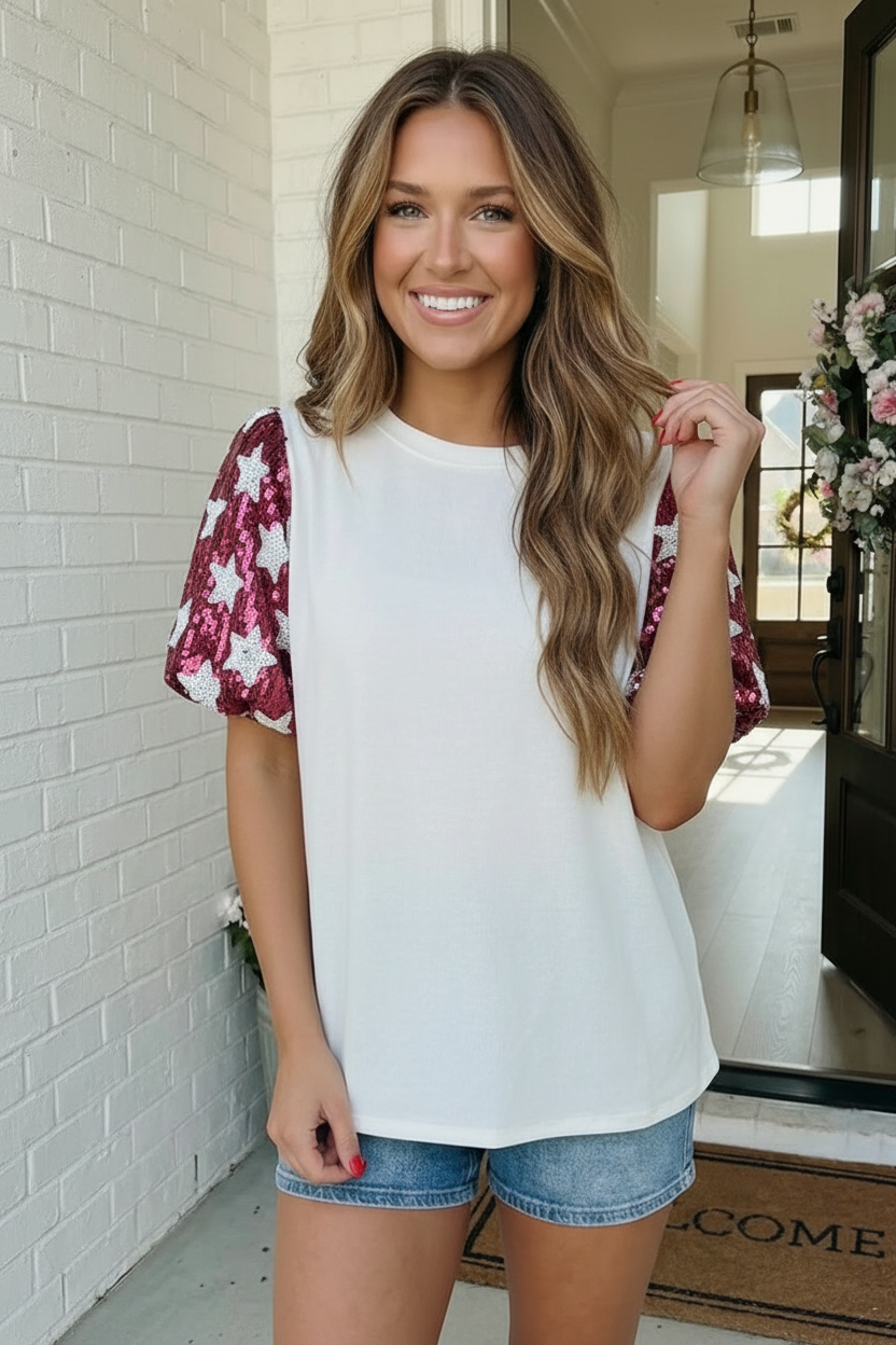 Haptics Color-blockStar Power Sequin Pink Sleeve Top