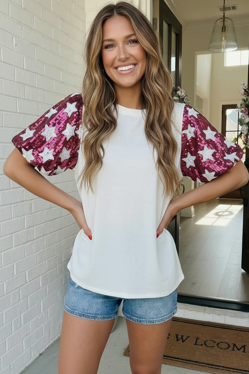 Haptics Color-blockStar Power Sequin Pink Sleeve Top