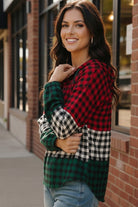 Haptics Color Block Plaid Woven Top with Hoodie
