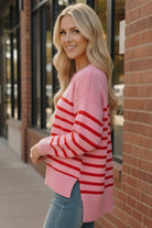 Haptics Pink & Red Stripe High-Low Knit Sweater