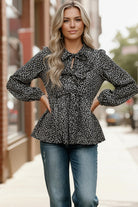 Haptics Black Floral Woven Blouse with Ribbon Bow Tie Detail