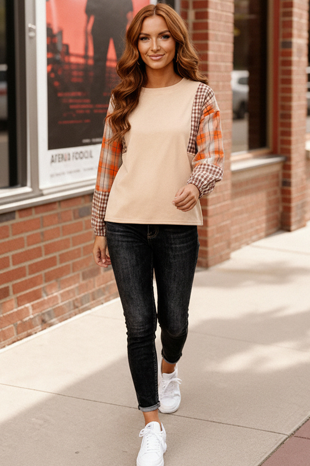Haptics Oatmeal & Rust Plaid Balloon Sleeve Pullover