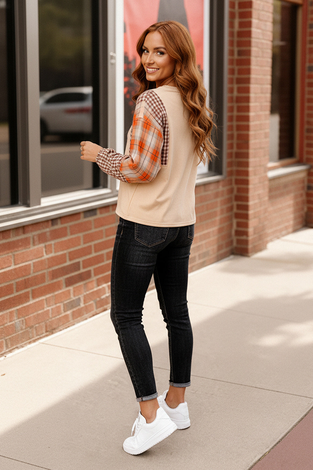 Haptics Oatmeal & Rust Plaid Balloon Sleeve Pullover