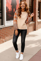 Haptics Oatmeal & Rust Plaid Balloon Sleeve Pullover