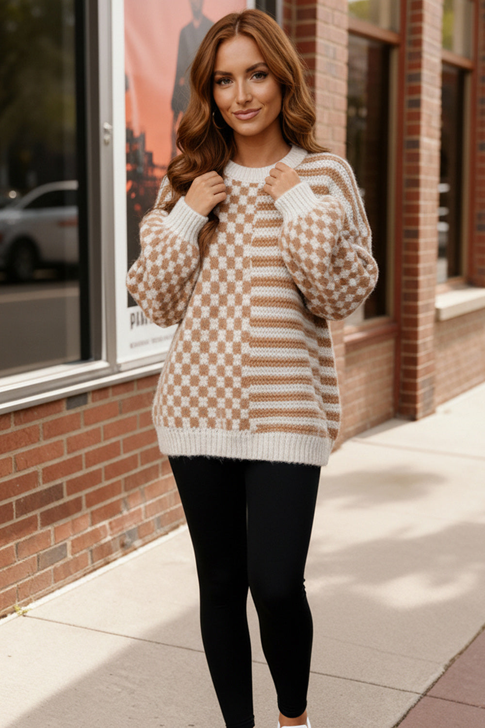 Haptics Taupe & Oatmeal Oversized Checker Stripe Pullover Sweater