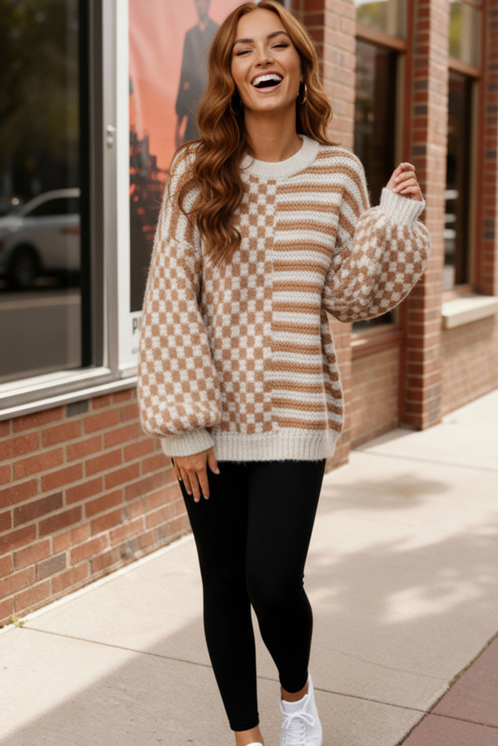 Haptics Taupe & Oatmeal Oversized Checker Stripe Pullover Sweater