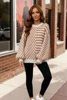Haptics Taupe & Oatmeal Oversized Checker Stripe Pullover Sweater