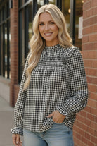 Haptics White Frilled Mock Neck Gingham Check Woven Blouse