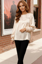 Haptics Ivory Round Neck Yoke Ladder Lace Bubble Sleeve Satin Blouse