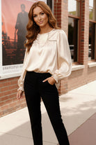 Haptics Ivory Round Neck Yoke Ladder Lace Bubble Sleeve Satin Blouse
