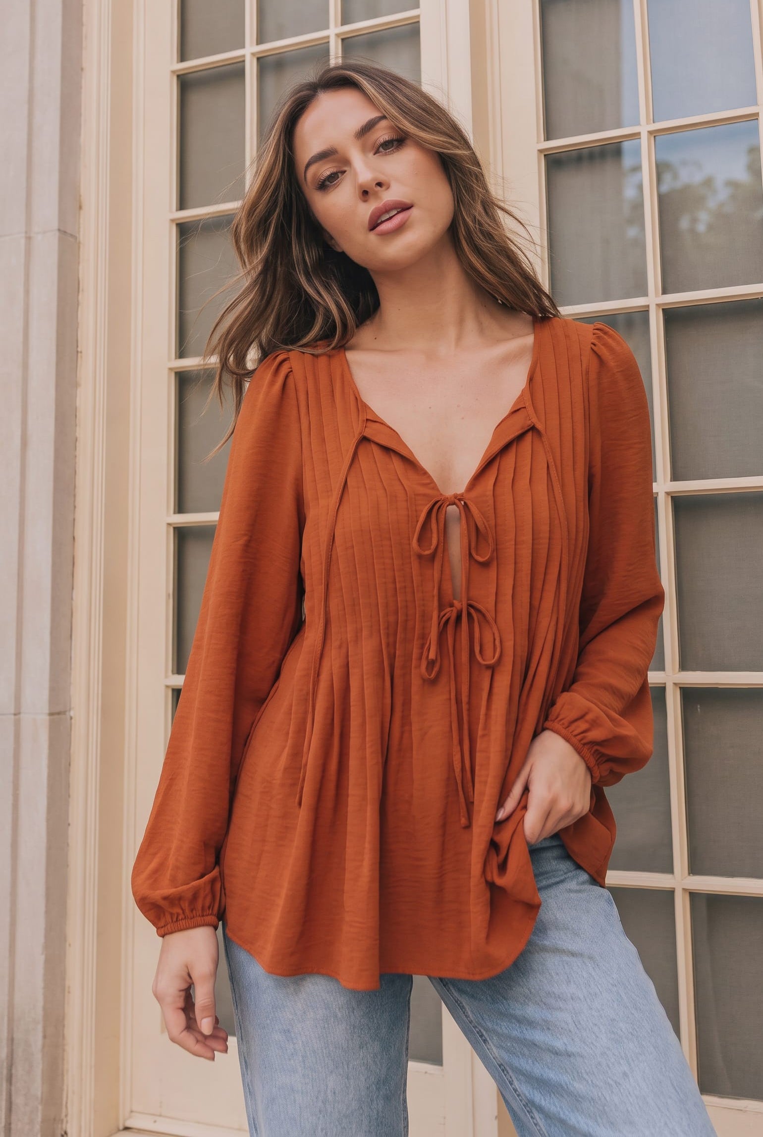 Haptics Sipping Apple Cider Tie Neck Blouse – Ruby Idol Apparel