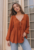 Haptics Sipping Apple Cider Tie Neck Blouse